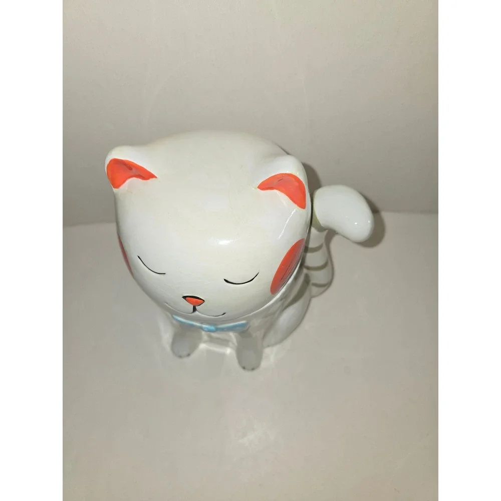 Ceramic‎ Cat Cookie Jar White with Blue Bow Tie and Orange Accents Hand Painted